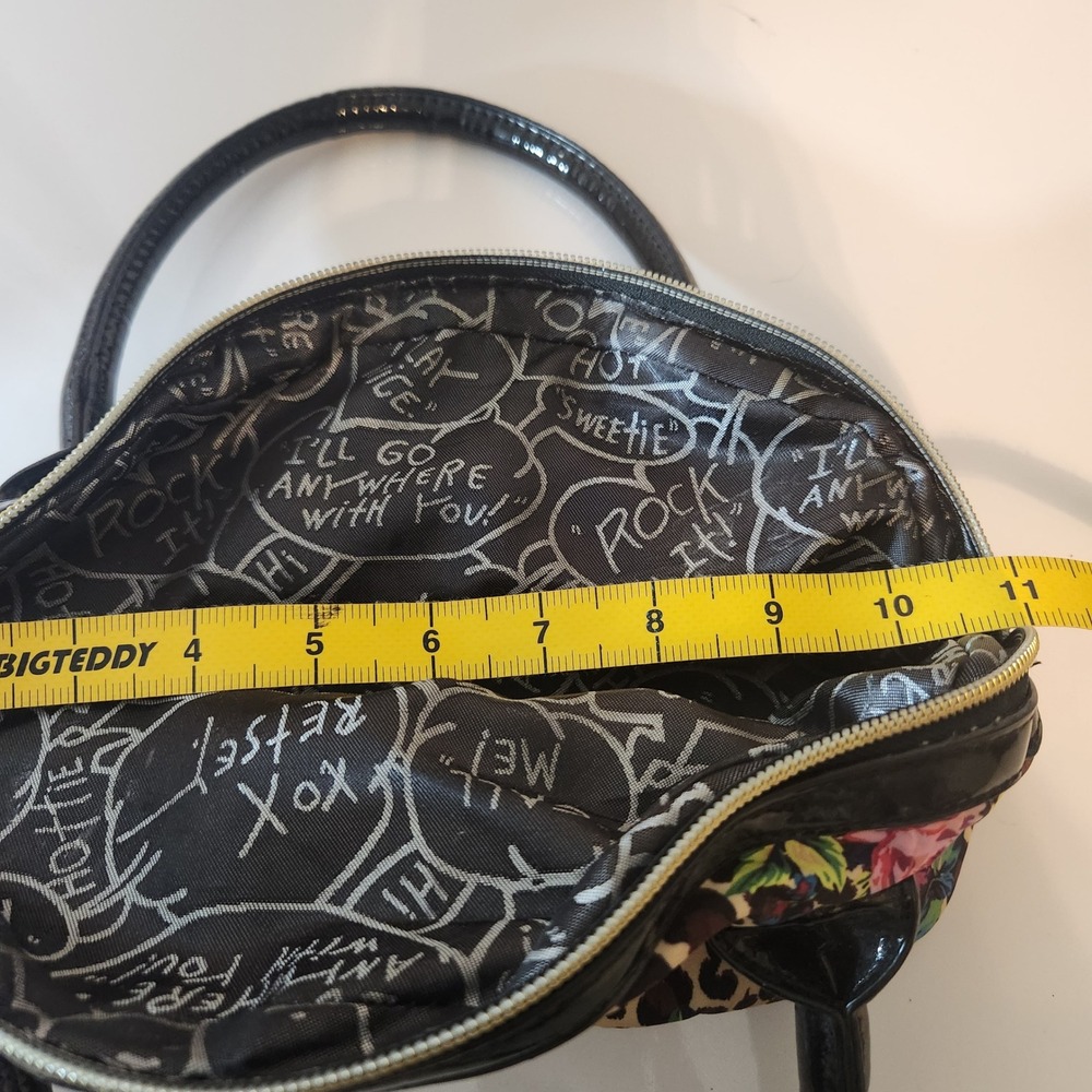 Betsey Johnson Leopard Floral Rose Dome Satchel Handbag Black Patent Trim - Picture 7 of 8